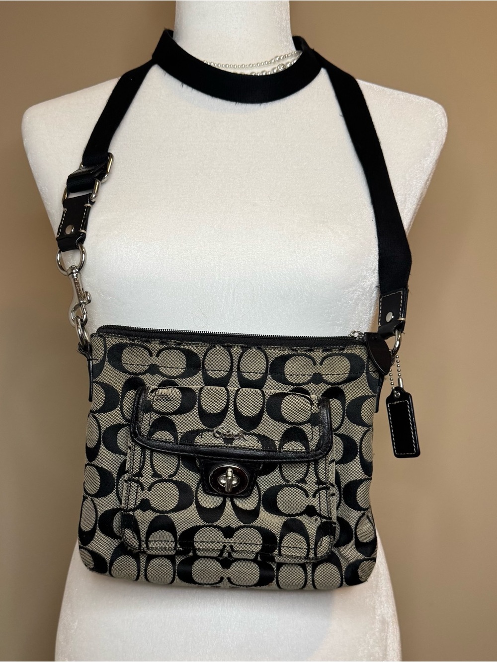 Coach Black & Tan Signature Canvas Crossbody with Turn-Lock Pocket